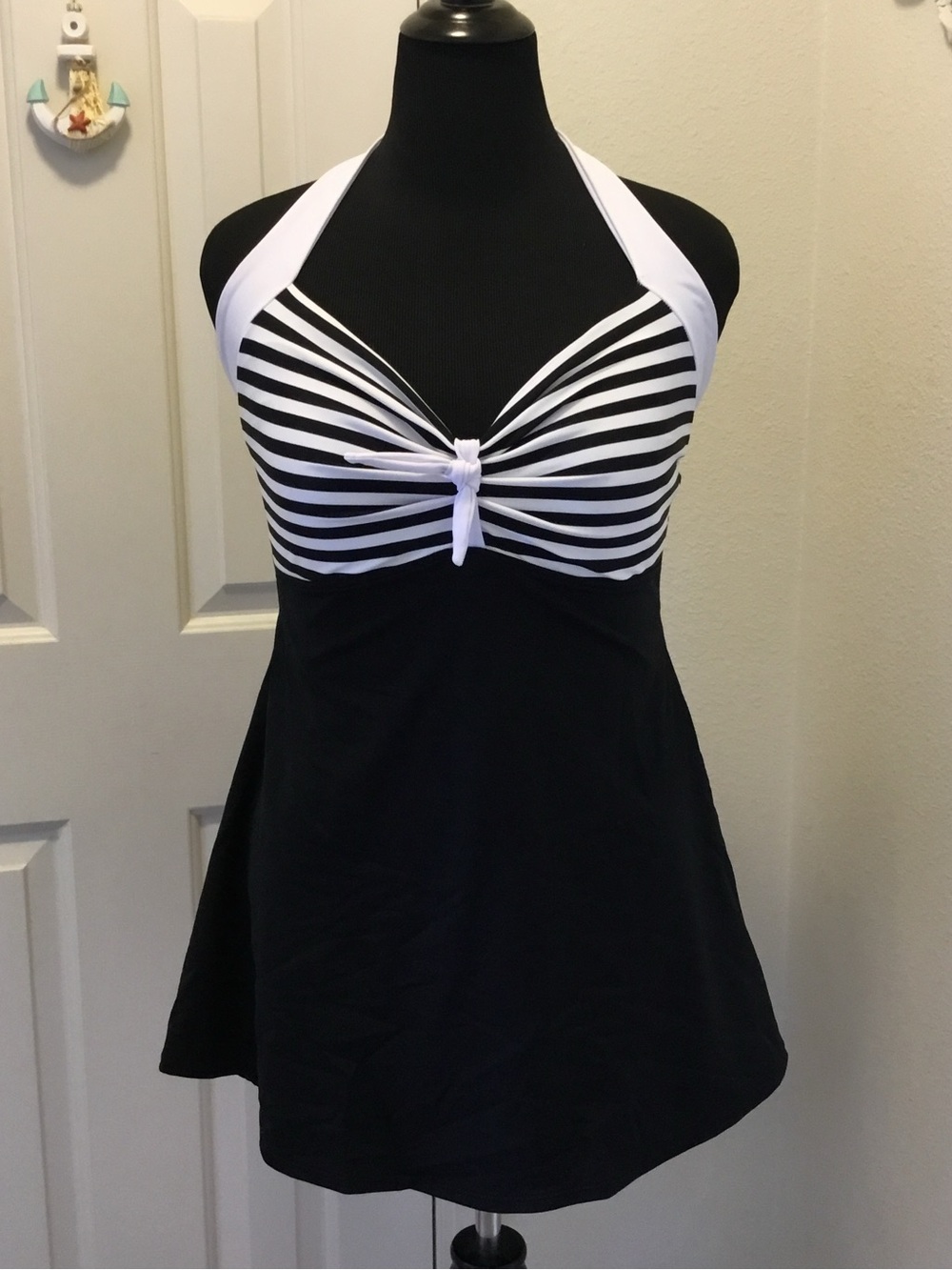 COCOSHIP Black and White Striped Halter One-Piece